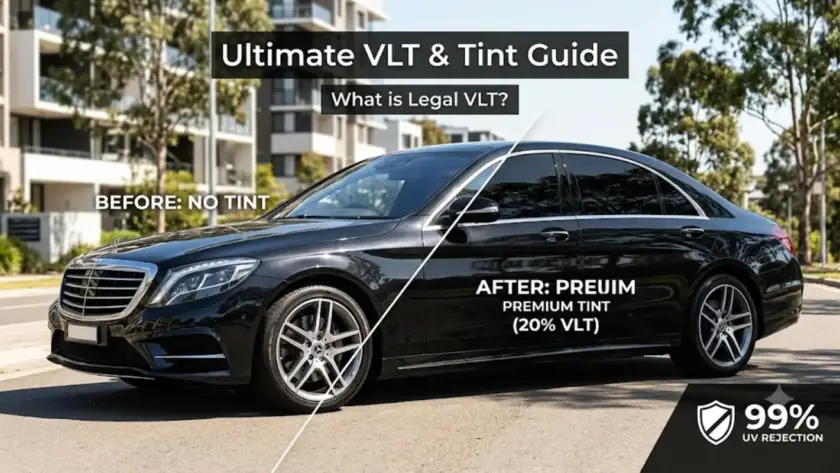A premium car with legal window tint options and VLT guide