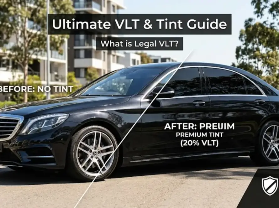 A premium car with legal window tint options and VLT guide
