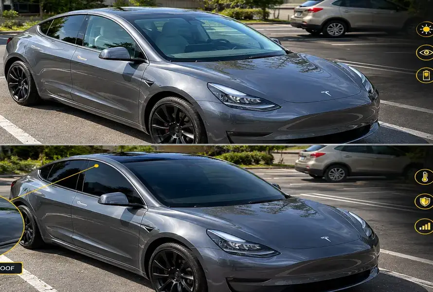 Tesla window Tinting Before and After